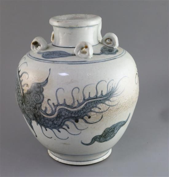 An Annamese blue and white wine storage vessel, 14th-16th century, H. 33cm, typical crazing and staining